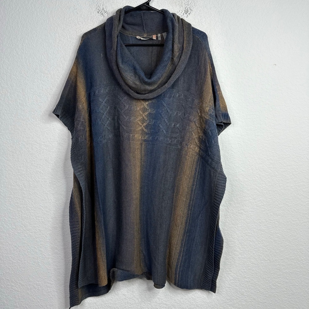 Soft Surroundings Sweater Womens S/M Blue Brown Poncho Knit Pullover Boho Hippie